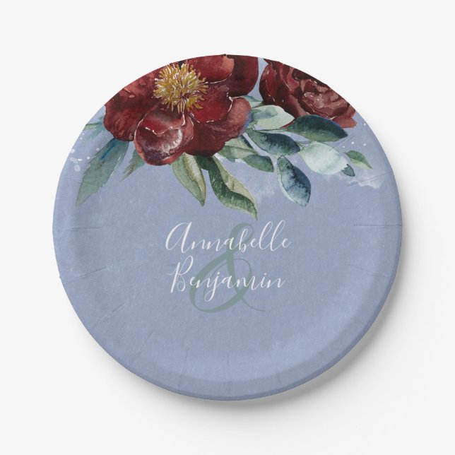 Dusty Blue and Cranberry Burgundy Wedding Paper Plate (Front)