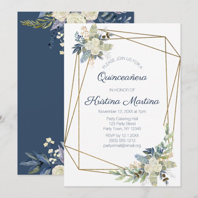 Dusty Blue and Cream Floral Quinceañera Birthday Invitation (Front/Back)