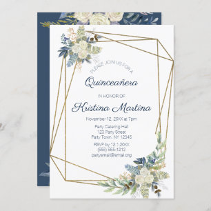 Dusty Blue and Cream Floral Quinceañera Birthday Invitation