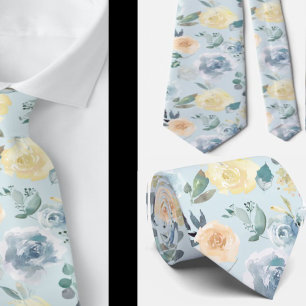 Dusty Blue and Cream Floral Roses Watercolor Neck Tie