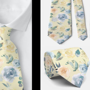 Dusty Blue and Cream Floral Roses Watercolor Neck Tie