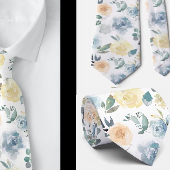 Dusty Blue and Cream Floral Roses Watercolor Tie (Creator Uploaded)