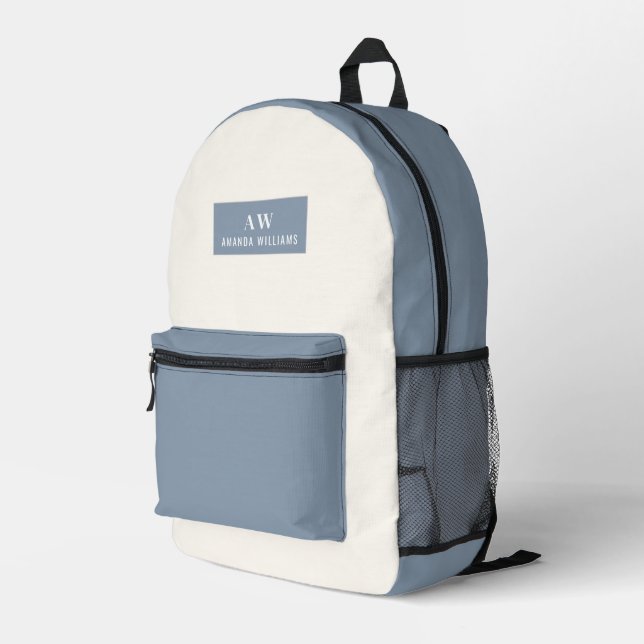 Dusty blue and Cream Minimalist Monogram and Name Printed Backpack (Back Corner Right)