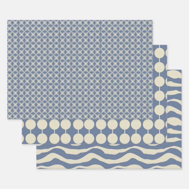 Dusty Blue and Cream Patterns of  Christmas Wrapping Paper Sheet (Set)