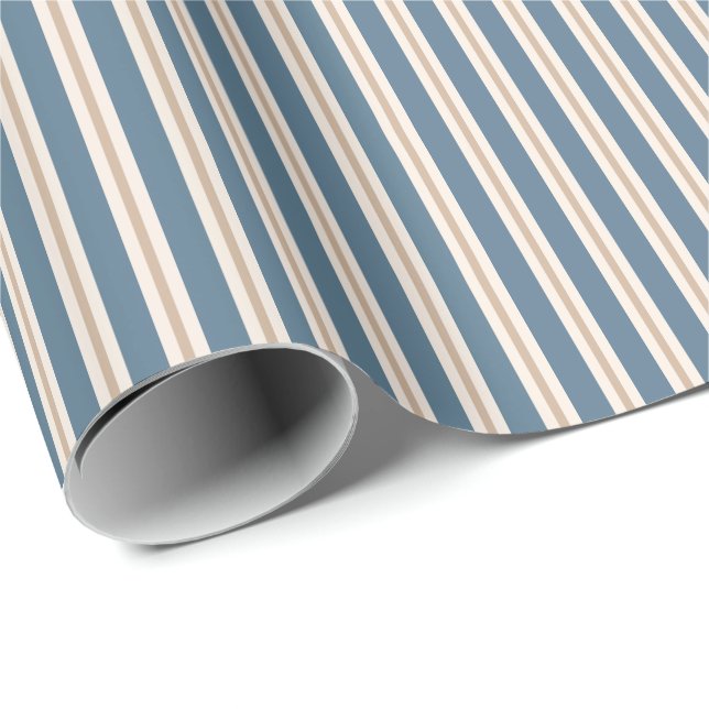 Dusty Blue and Cream Ticking Stripes Pattern Wrapping Paper (Roll Corner)