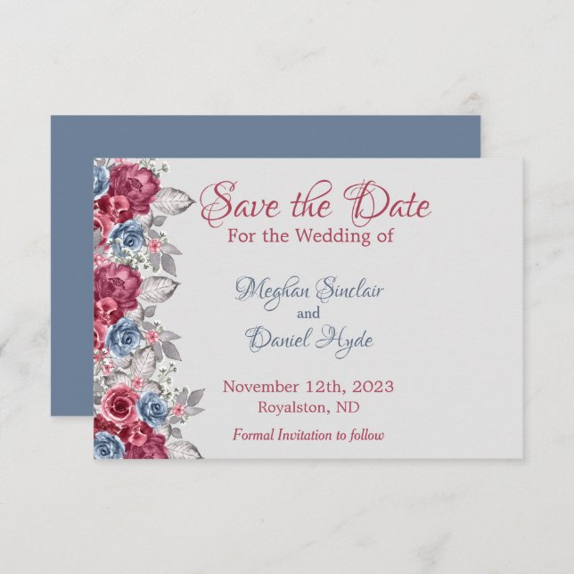 Dusty Blue and Deep Burgundy Floral Save The Date (Front/Back)