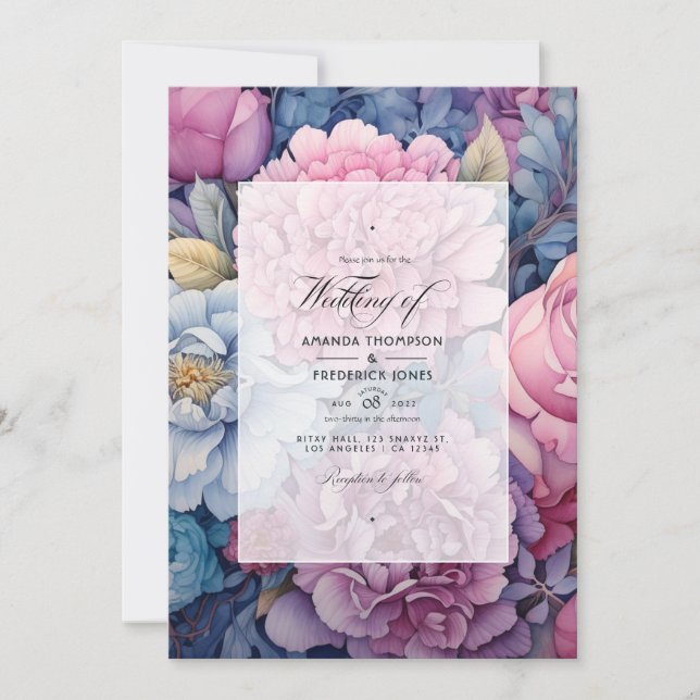 Dusty Blue and Dusty Rose Floral Wedding Invitation (Front)
