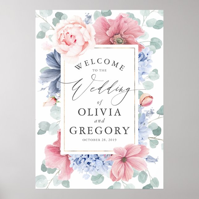 Dusty Blue and Dusty Rose Floral Wedding Welcome Poster (Front)