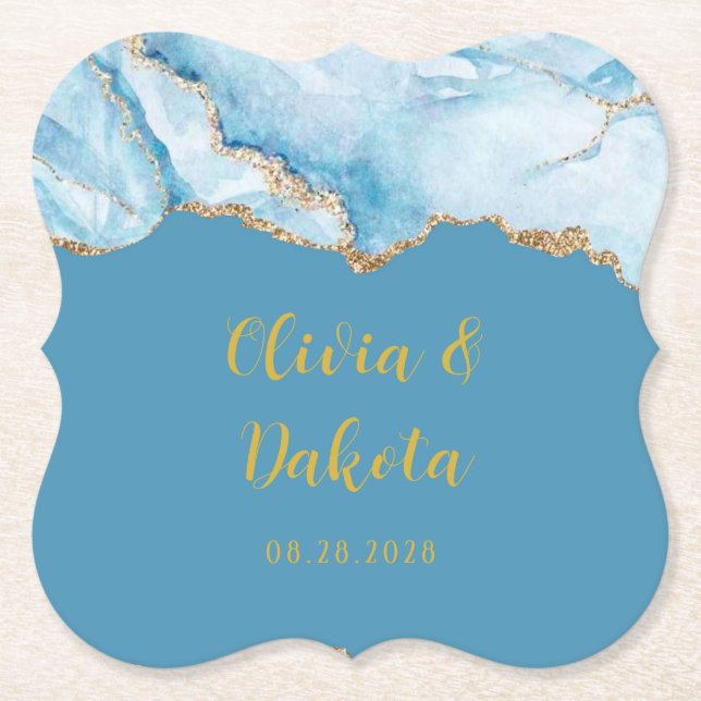 Dusty Blue and Gold Agate Custom Wedding Paper Coaster (Front)