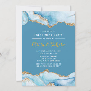Dusty Blue and Gold Agate Engagement Party Invitation
