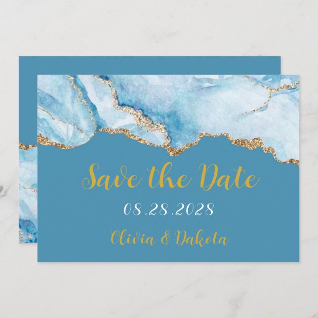 Dusty Blue and Gold Agate Save The Date Cards (Front/Back)