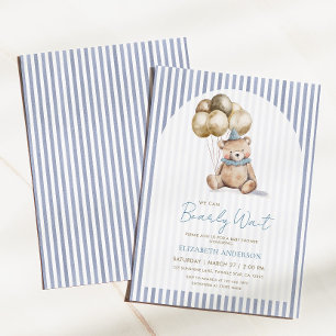 Dusty Blue and Gold Bearly Wait Bear Baby Shower Invitation