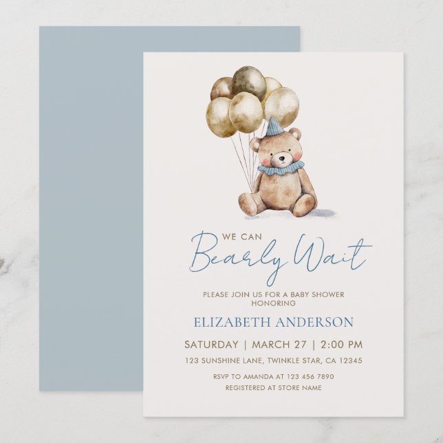 Dusty Blue and Gold Bearly Wait Bear Baby Shower Invitation (Front/Back)