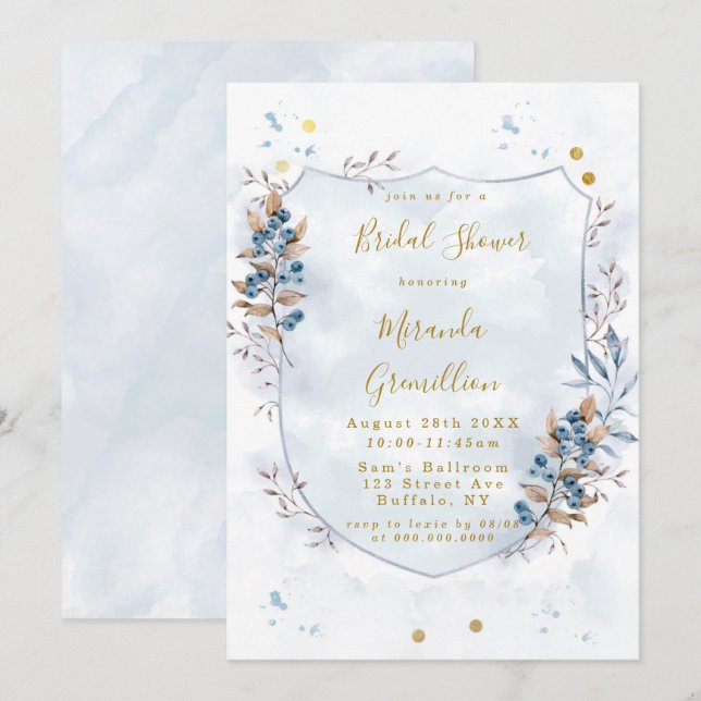 Dusty Blue and Gold Blueberries Bridal Shower Invitation (Front/Back)