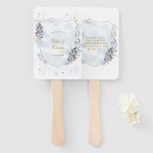 Dusty Blue and Gold Blueberries Wedding Thank You Hand Fan (Front and Back)