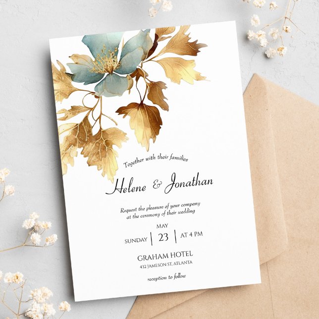 Dusty Blue And Gold Boho Wedding Invitation (Creator Uploaded)