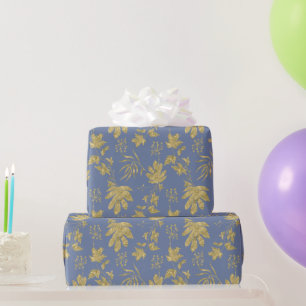 Dusty Blue and Gold Coloured Plants and Leaves Wrapping Paper