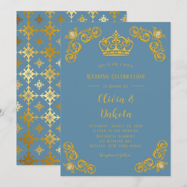 Dusty blue and Gold Crown Damask Royal Wedding  Invitation (Front/Back)
