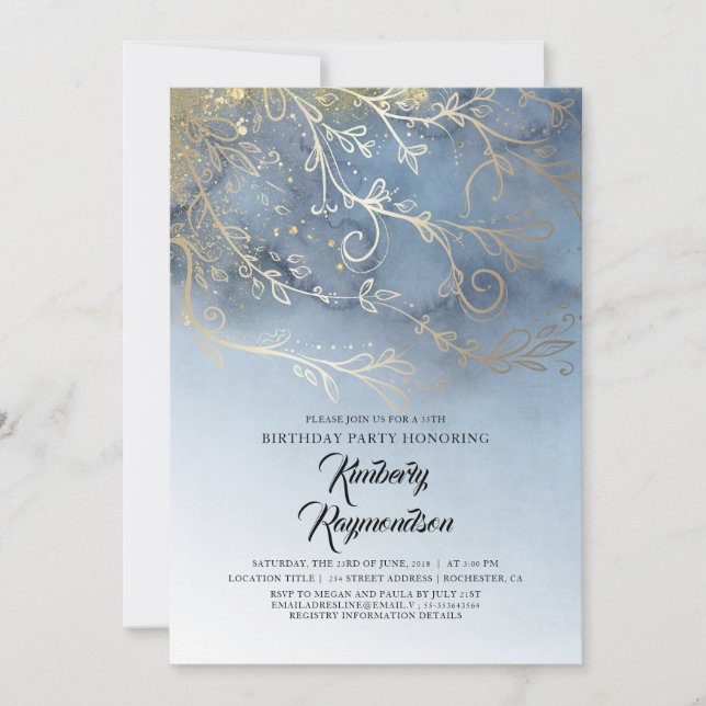 Dusty Blue and Gold Elegant Birthday Party Invitation (Front)