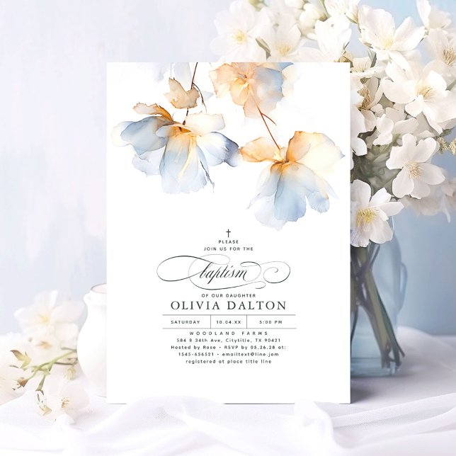Dusty Blue and Gold Elegant Ethereal Baptism Invitation (Dusty Blue Flowers Elegant Baptism Invitations)