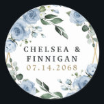 Dusty Blue and Gold Elegant Floral Rustic Wedding Classic Round Sticker<br><div class="desc">Design (inside) features an elegant geometric gold coloured (printed) frame decorated in watercolor roses, peonies, hydrangea, baby's breath and more over various types of greenery branches and leaves. The dusty blue is designed to feature various shades of the colour within the flowers to match the variety of shades of this...</div>