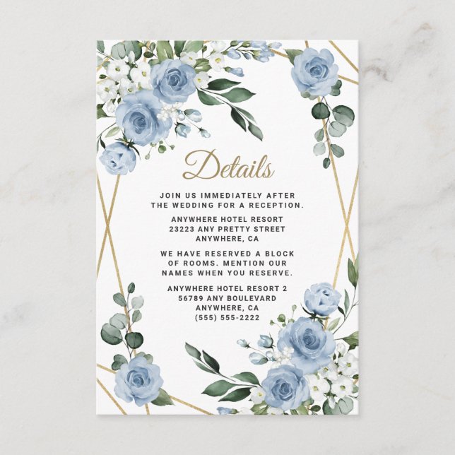 Dusty Blue and Gold Elegant Floral Rustic Wedding Enclosure Card (Front)