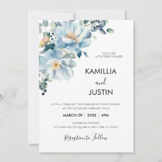 Dusty Blue and Gold Elegant Floral Rustic Wedding  Invitation