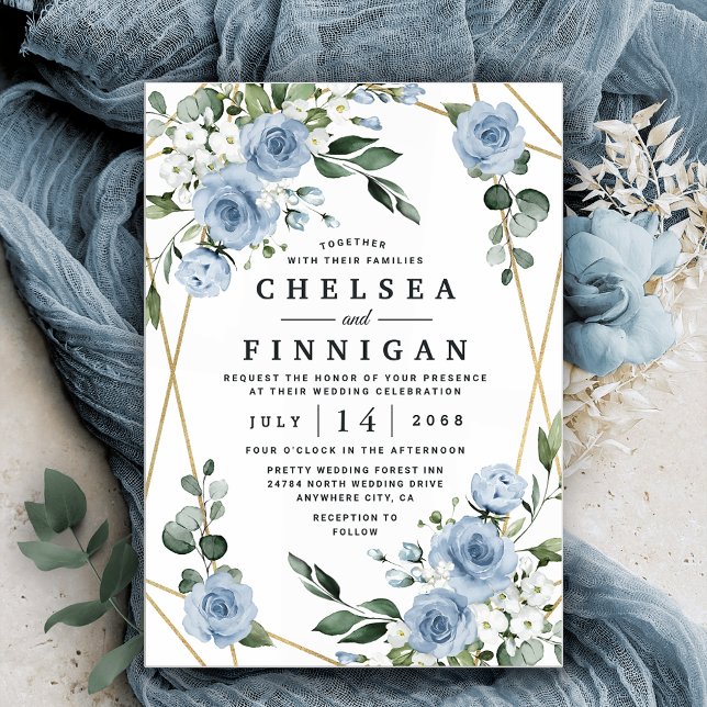 Dusty Blue and Gold Elegant Floral Rustic Wedding Invitation (Creator Uploaded)