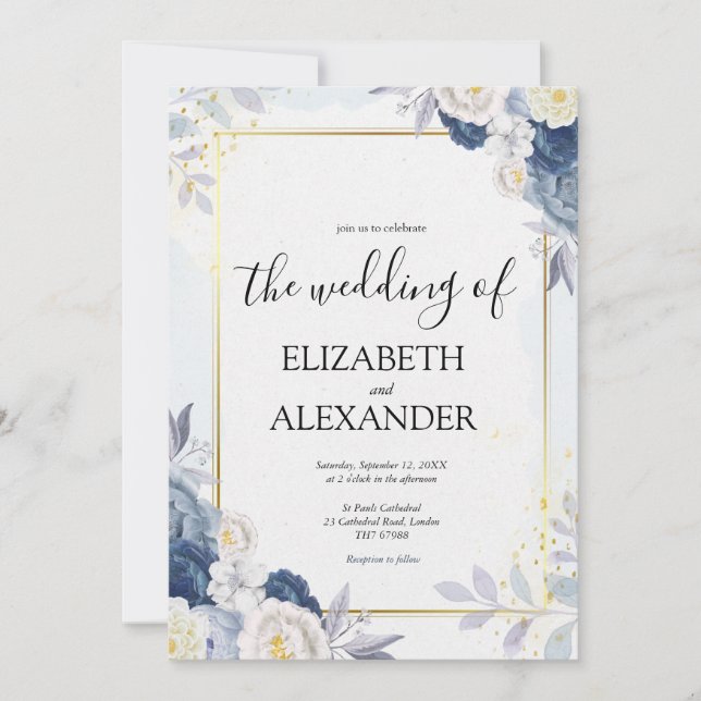Dusty Blue and Gold Elegant Floral Rustic Wedding Invitation (Front)