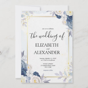 Dusty Blue and Gold Elegant Floral Rustic Wedding Invitation