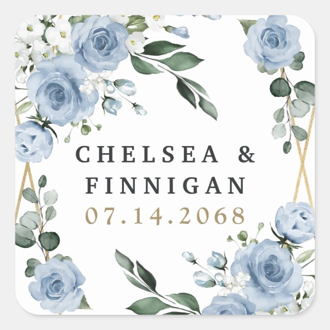 Dusty Blue and Gold Elegant Floral Rustic Wedding Square Sticker (Front)