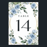 Dusty Blue and Gold Elegant Floral Rustic Wedding Table Number<br><div class="desc">Design features an elegant geometric gold coloured (printed) frame decorated in watercolor roses, peonies, hydrangea, baby's breath and more over various types of greenery branches and leaves. The dusty blue is designed to feature various shades of the colour within the flowers to match the variety of shades of this colour...</div>