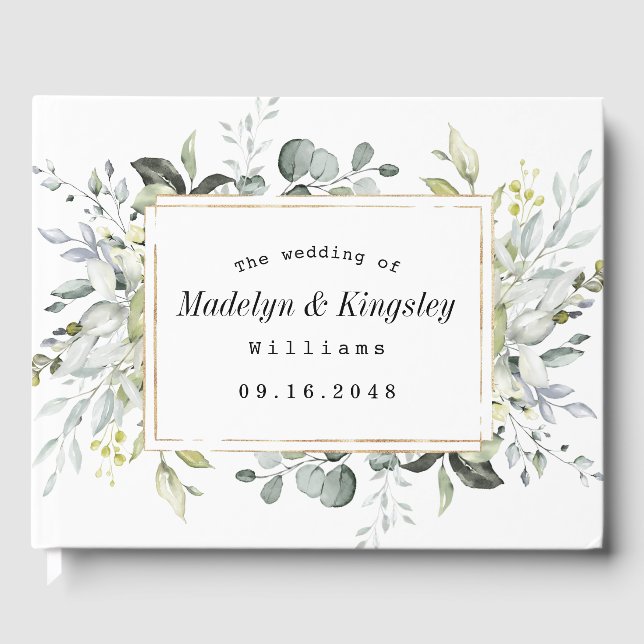 Dusty Blue and Gold Elegant Rustic Floral Wedding Guest Book (Front)