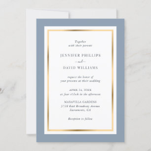 Dusty Blue and Gold Elegant Wedding Invitation
