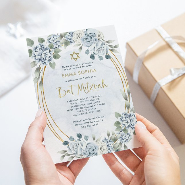 Dusty Blue and Gold Floral | Elegant Bat Mitzvah Invitation (Creator Uploaded)