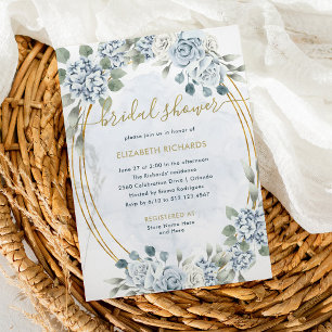 Dusty Blue and Gold Floral   Elegant Bridal Shower Invitation