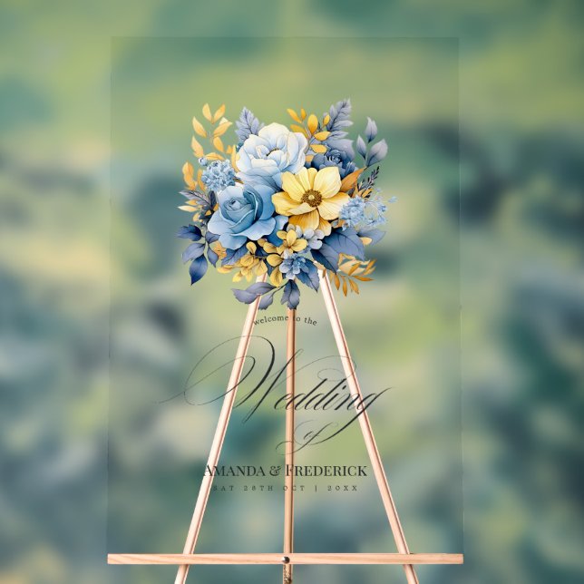 Dusty Blue and Gold Floral Elegant Wedding Welcome Acrylic Sign (Neutral)