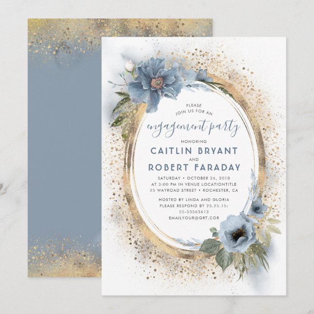 Dusty Blue and Gold Floral Engagement Party Invitation (Front/Back)