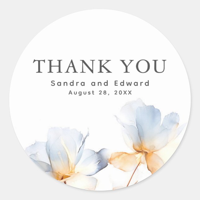 Dusty Blue and Gold Floral Modern Thank You Classic Round Sticker (Front)