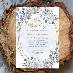 Dusty Blue and Gold Floral Oh Baby Shower Invitation