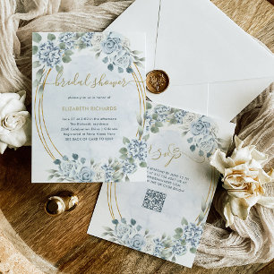 Dusty Blue and Gold Floral   QR Code Bridal Shower Invitation