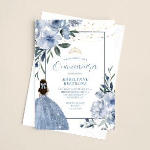 Dusty Blue and Gold Floral Quinceañera Invitation