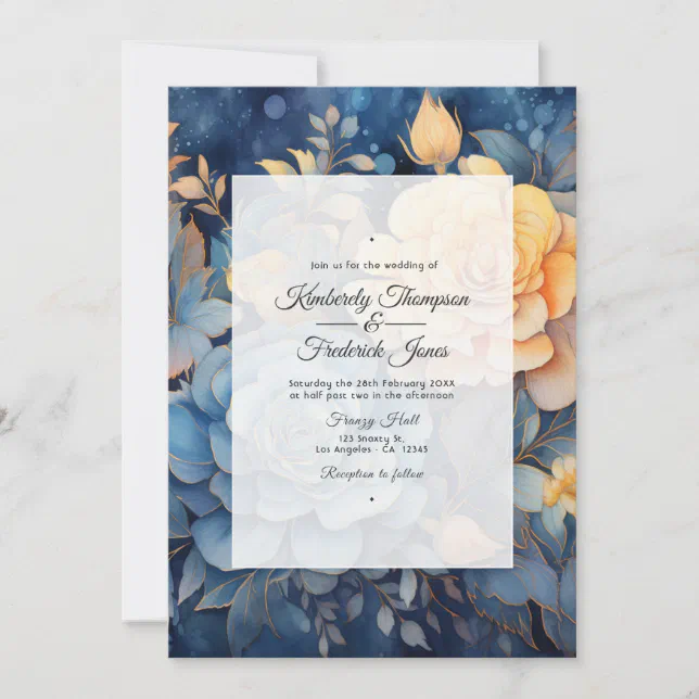 Dusty Blue and Gold Floral Wedding Invitation | Zazzle