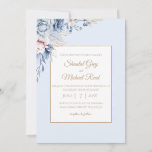 Dusty Blue and Gold Floral Wedding Invitation
