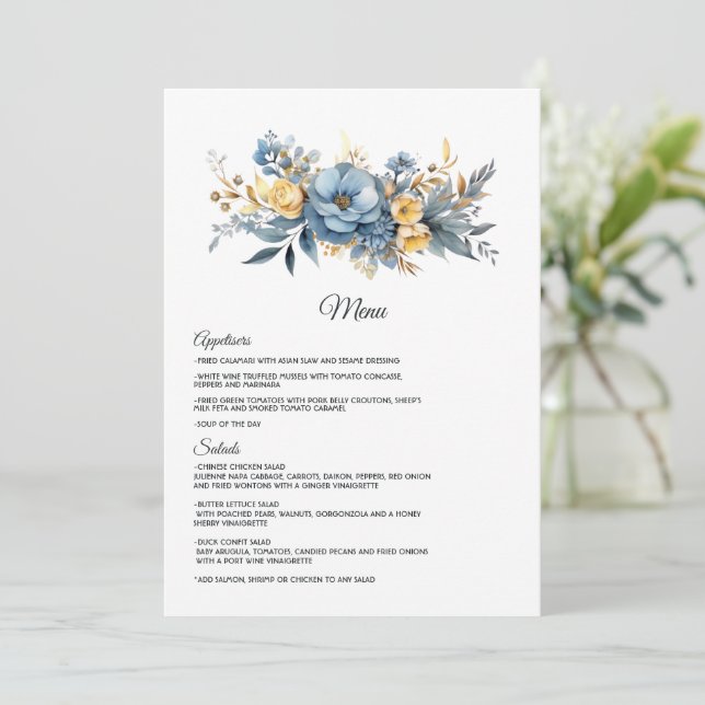 Dusty Blue and Gold Floral Wedding Menu (Standing Front)
