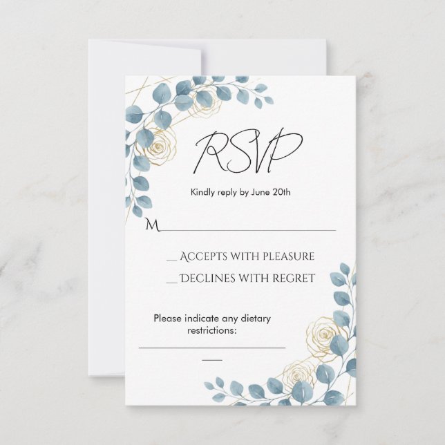 Dusty Blue and Gold Floral Wedding RSVP (Front)