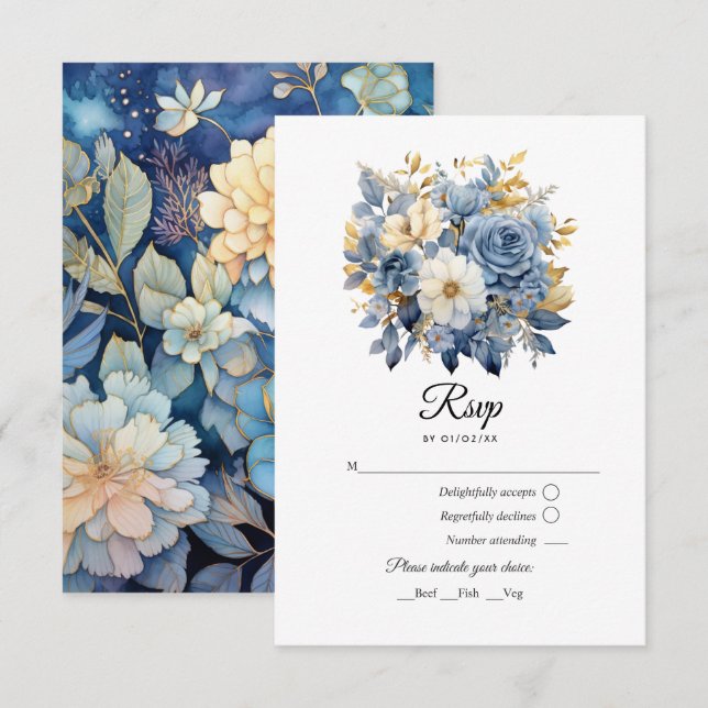 Dusty Blue and Gold Floral Wedding RSVP Card (Front/Back)