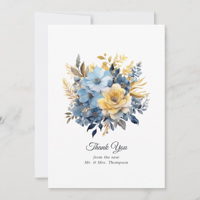 Dusty Blue and Gold Floral Wedding Thank You Card (Front)