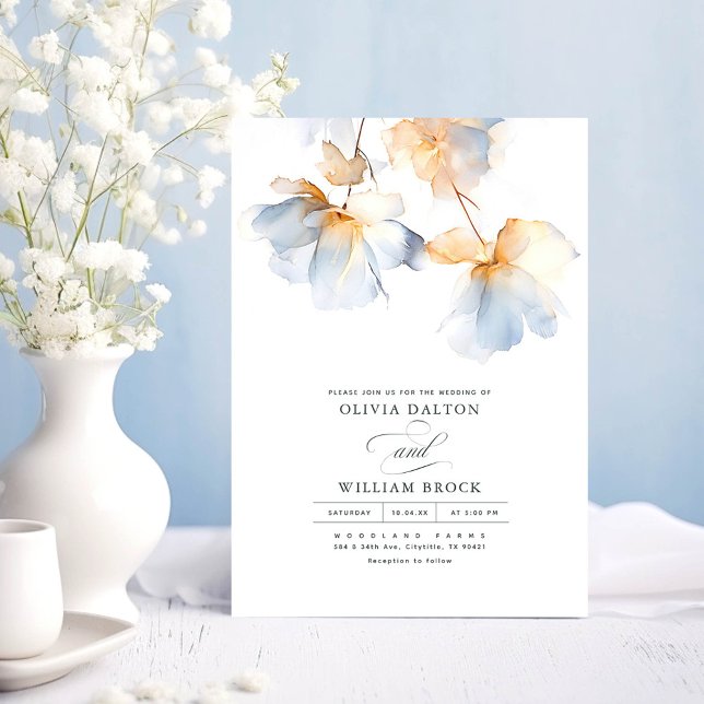 Dusty Blue and Gold Flowers Minimalist Wedding Invitation (Minimalist Floral Dusty Blue Wedding Invitations)
