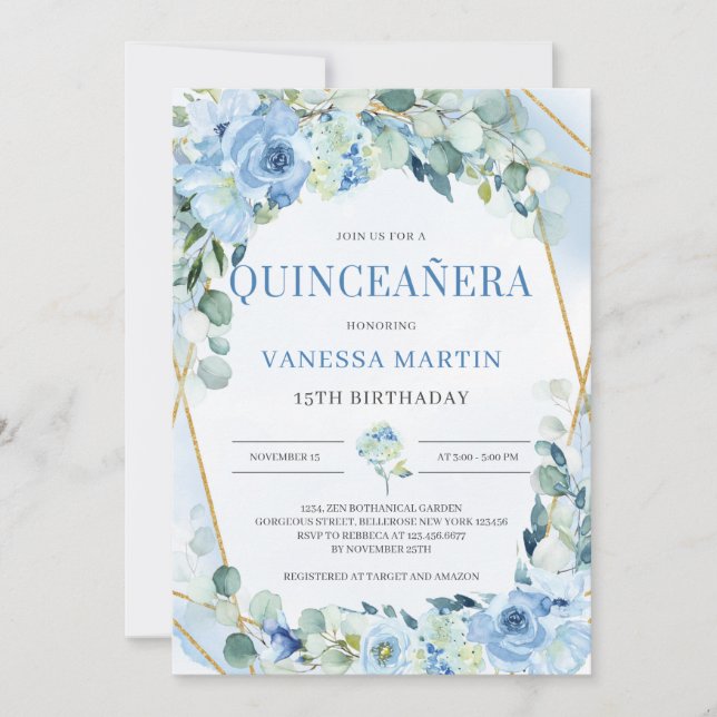 Dusty Blue and Gold Geometric Frame Quinceanera Invitation (Front)